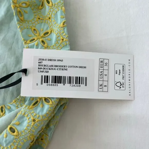 Saloni NWT Jesse Broderie Embroidered Hourglass Cotton Dress in Duckegg Citrine - Picture 10 of 16